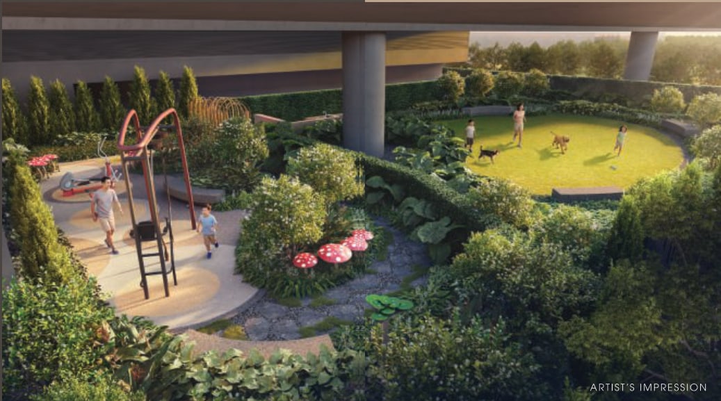 Artist's impression of the Wellness Valley garden under the MRT viaduct, with a play structure and a lawn