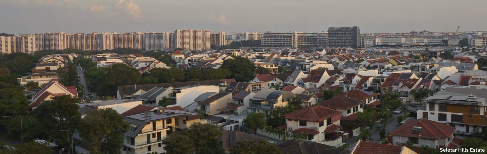 Photograph of the rooftops of the Seletar Hills estate with HDB blocks in the distance