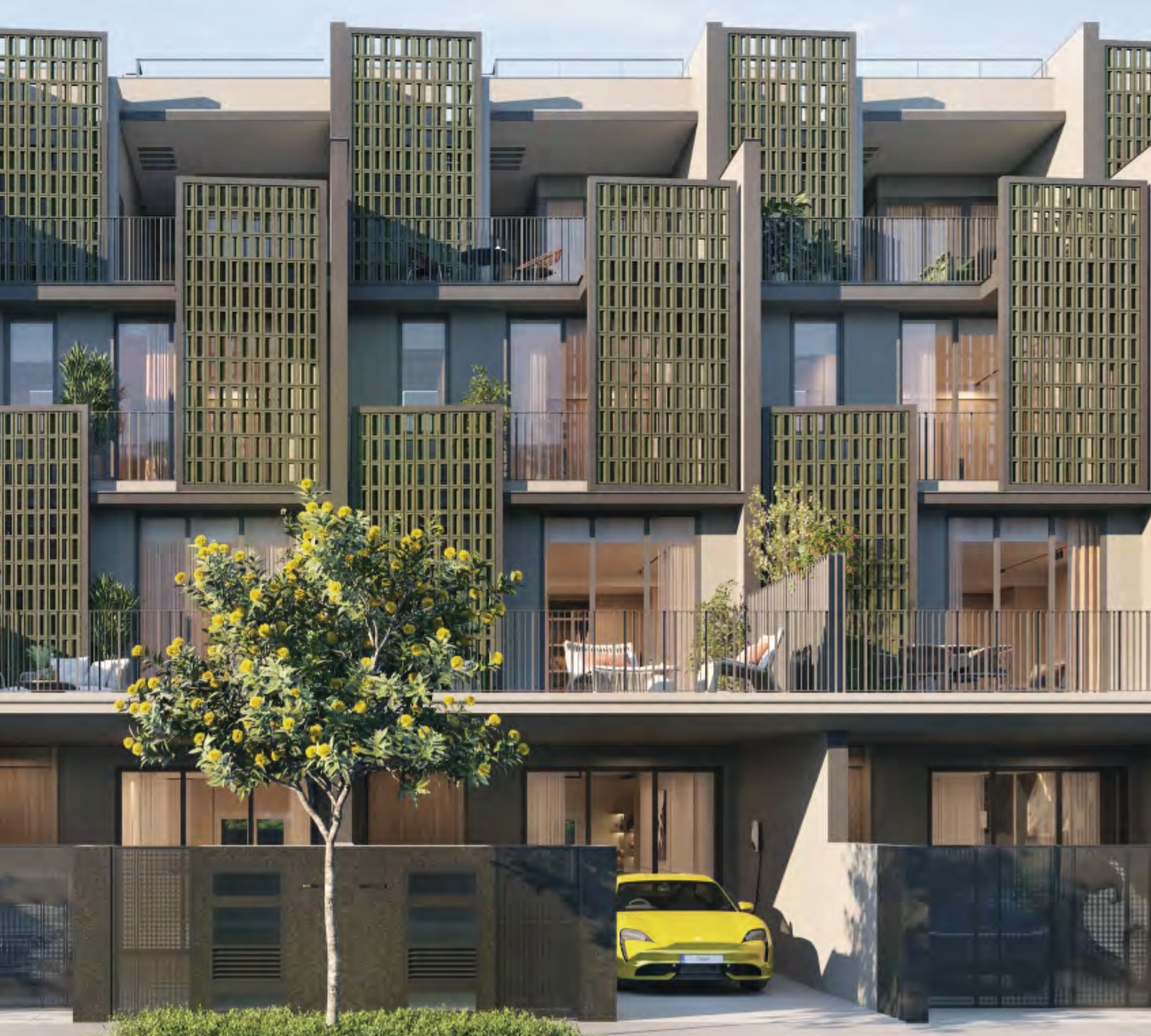 Artist's impression of the front of a Luxus Hills terrace house, with screened terraces, a car porch and a yellow car