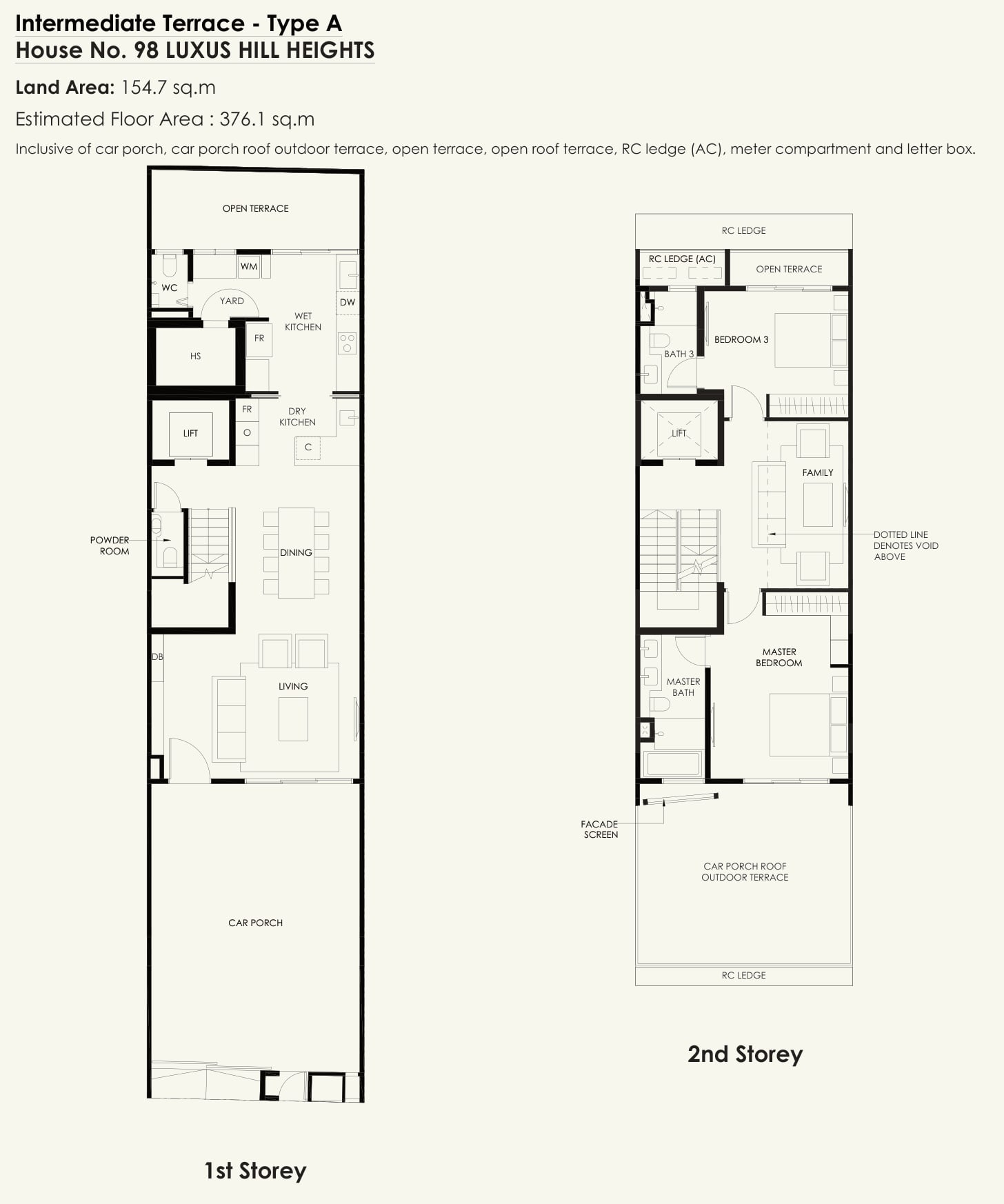 Floor plans of the 1st and 2nd storeys of the Type A intermediate terrace, house number 98 Luxus Hill Heights