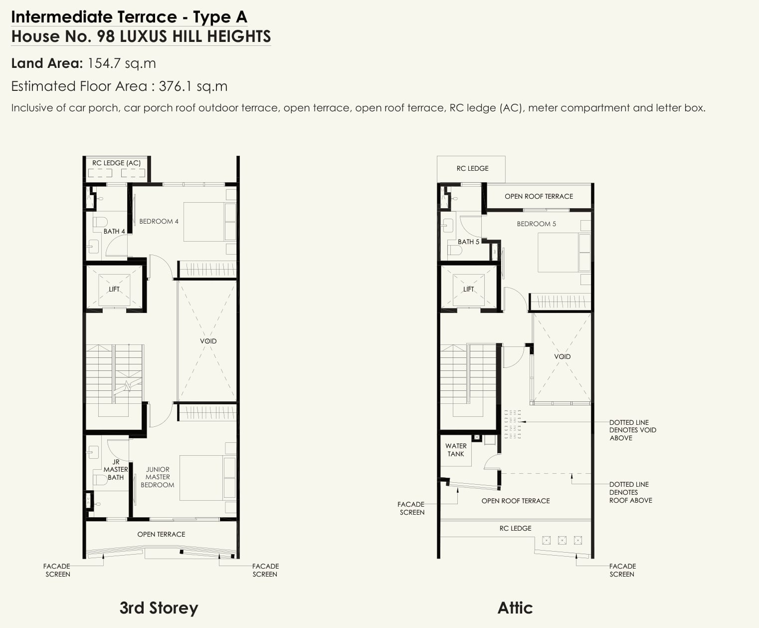 Floor plans of the 3rd storey and attic of the Type A intermediate terrace