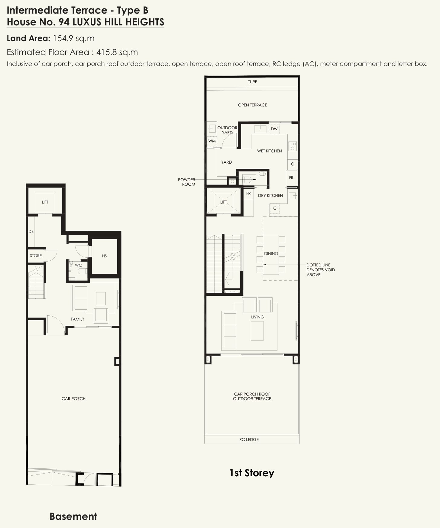 Floor plans of the basement and 1st storey of the Type B intermediate terrace, house number 94 Luxus Hill Heights