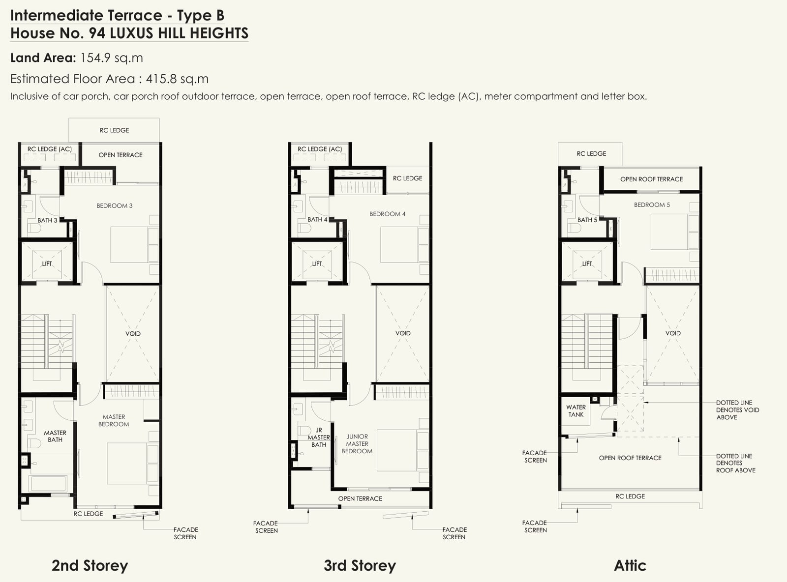 Floor plans of the 2nd storey, 3rd storey and attic of the Type B intermediate terrace