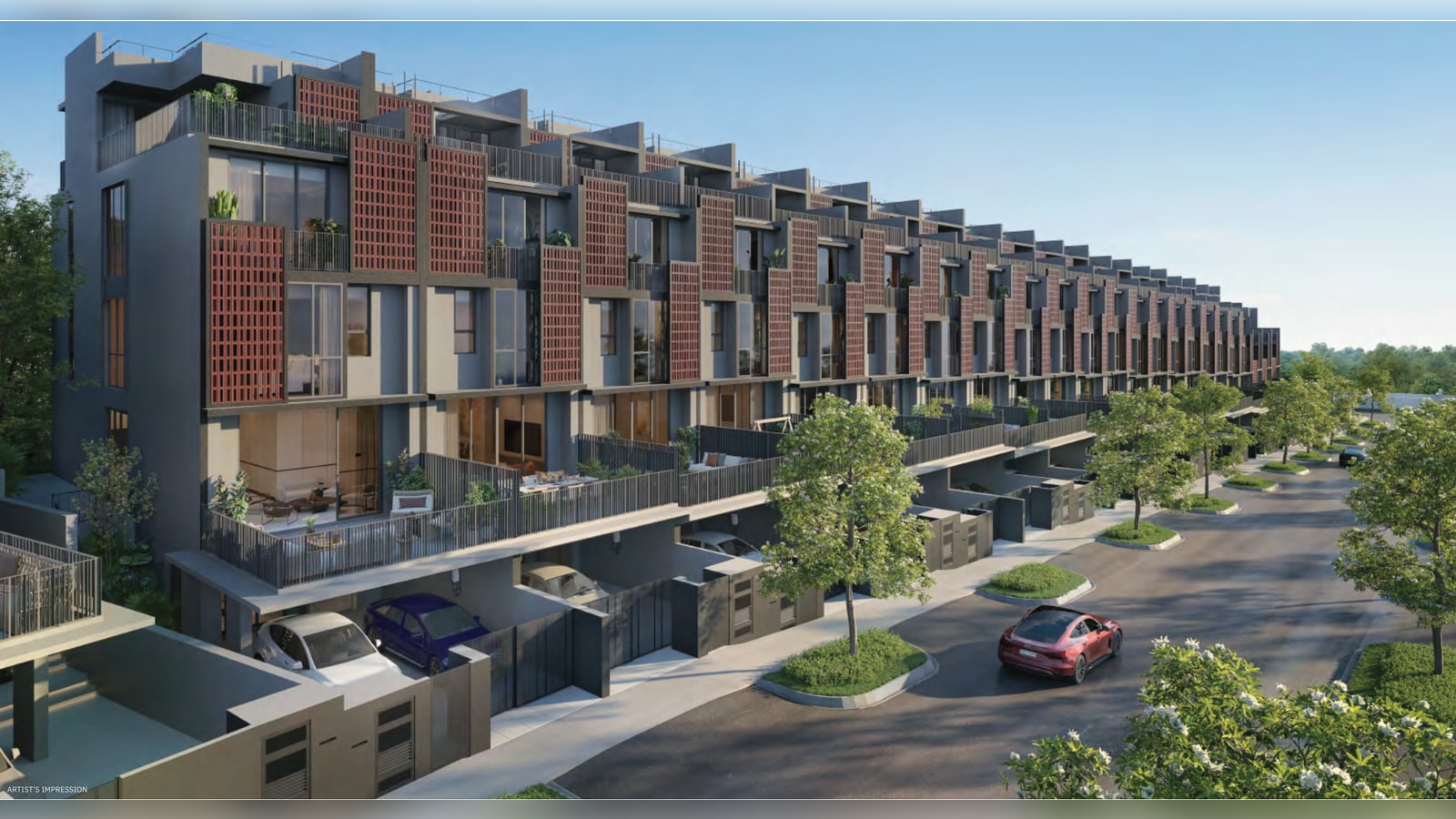 Artist's impression of a long row of Luxus Hills terrace houses with timber-red and green screens, seen from the street