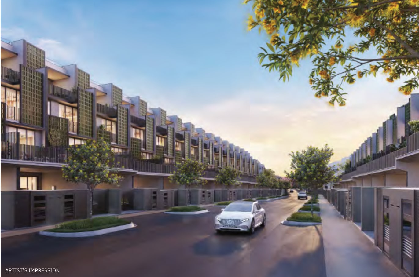 Artist's impression of a street in Luxus Hills lined with terrace houses, with a car driving along it