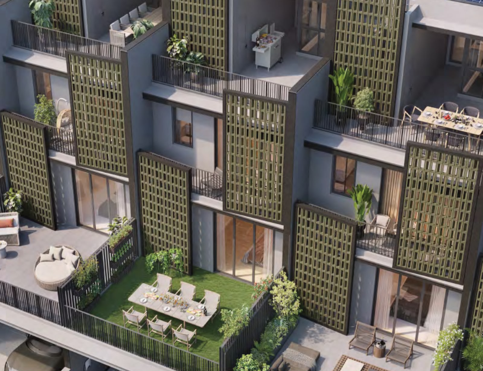 Artist's impression of the stepped terraces, rooftop solar panels and a garden terrace behind the screens