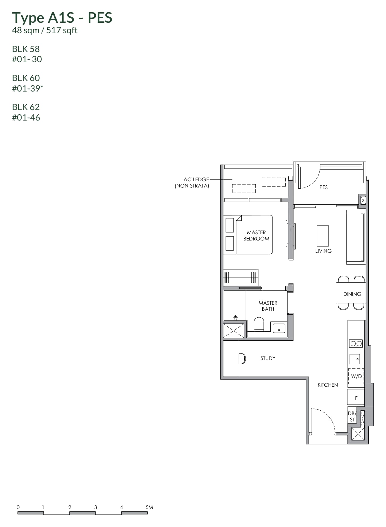 Floor plan of the 1-bedroom with study and private enclosed space, type A1S, 517 square feet