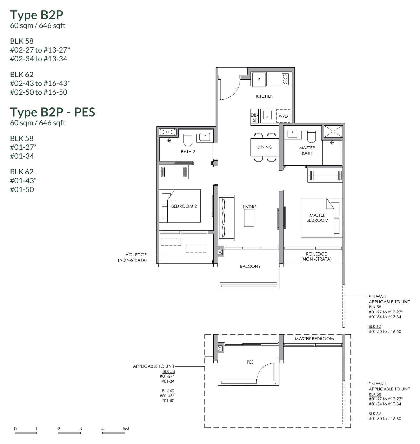 Floor plan of the 2-bedroom premium, type B2P, 646 square feet