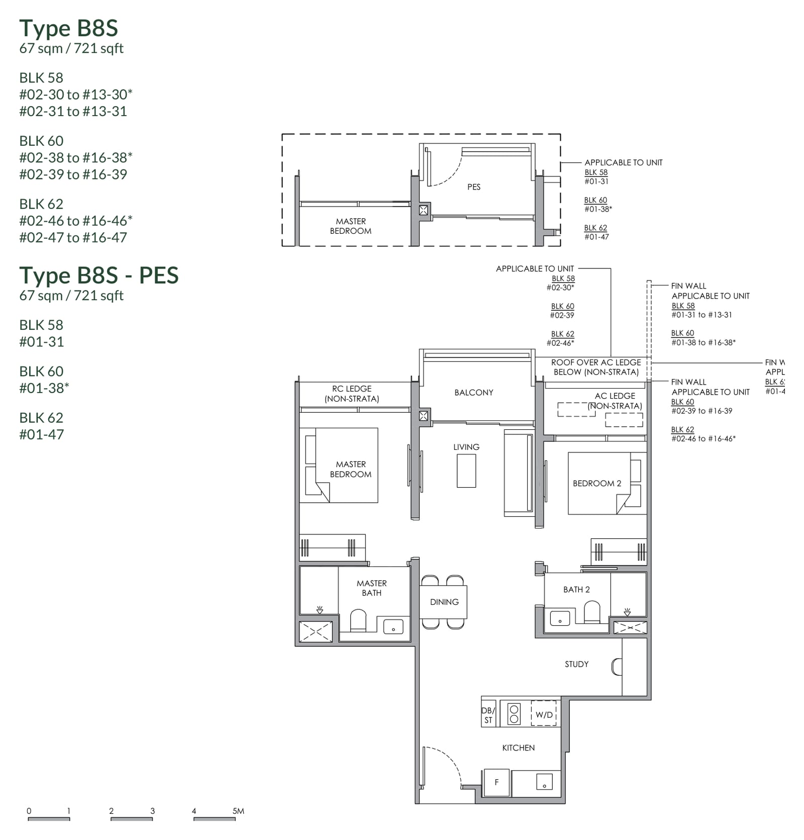 Floor plan of the 2-bedroom with study, type B8S, 721 square feet