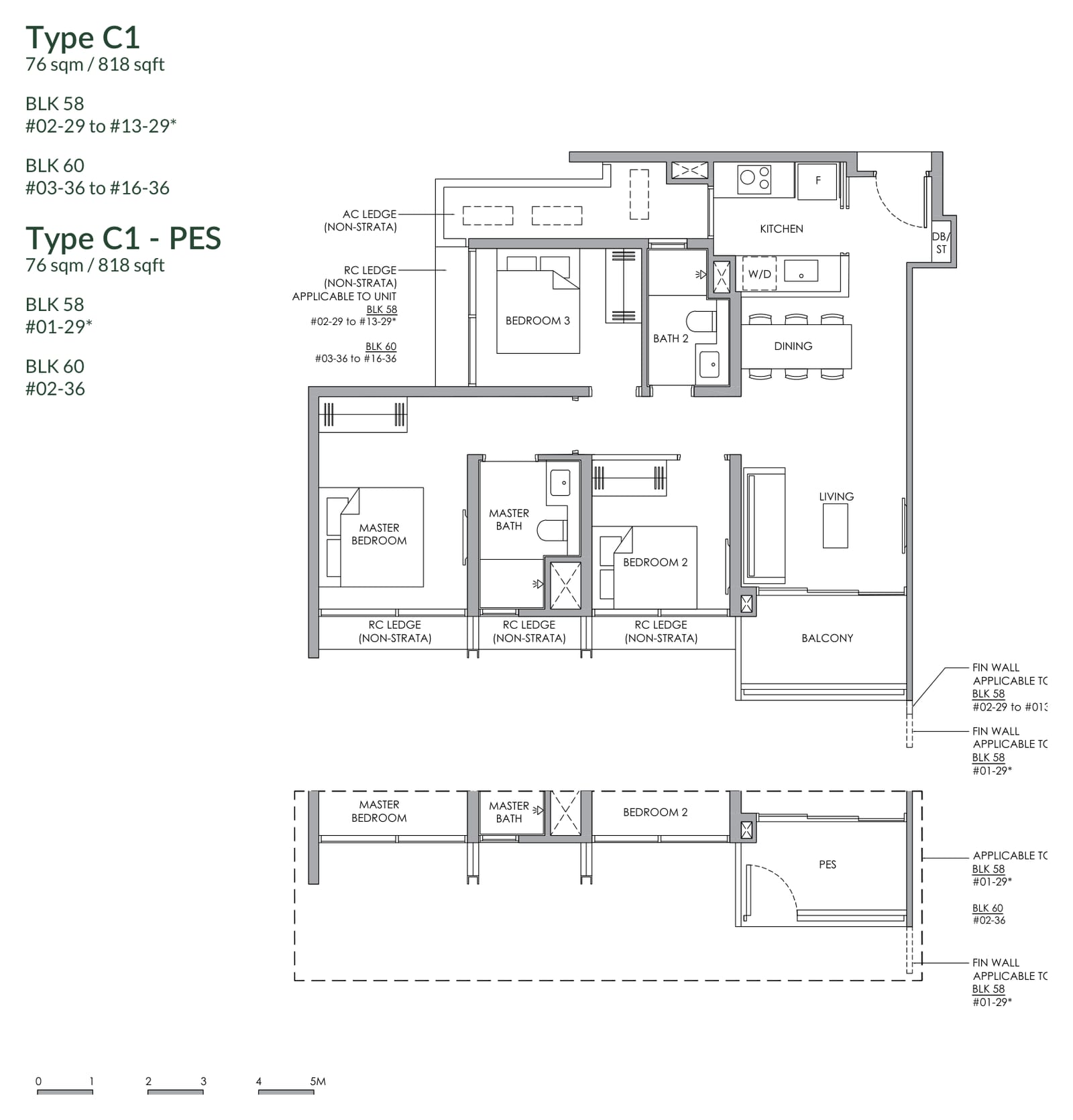 Floor plan of the 3-bedroom compact, type C1, 818 square feet