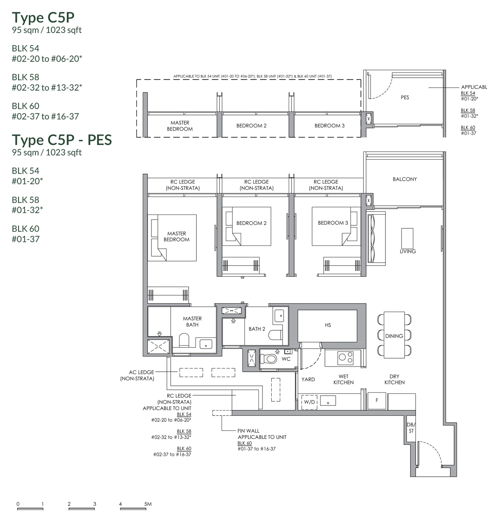 Floor plan of the 3-bedroom premium, type C5P, 1,023 square feet