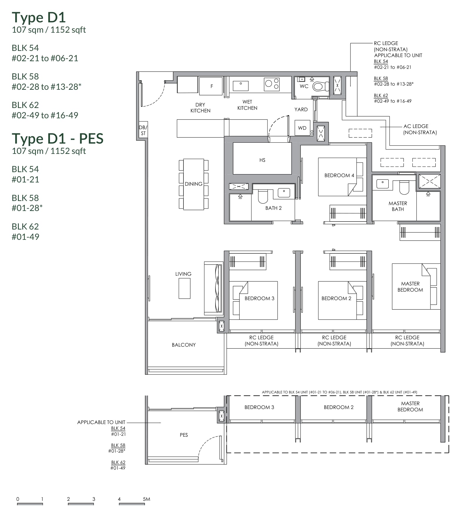 Floor plan of the 4-bedroom compact, type D1, 1,152 square feet
