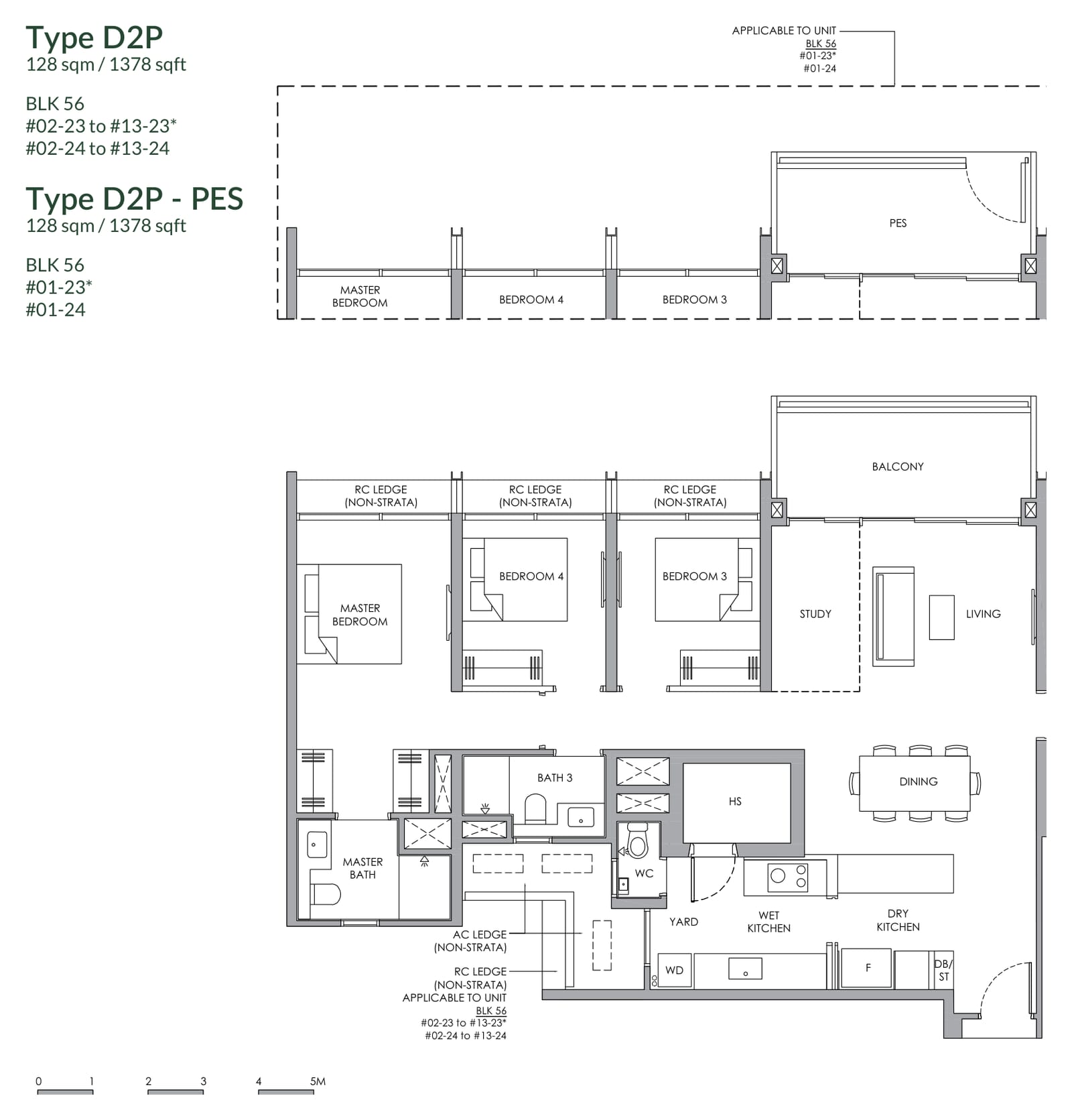 Floor plan of the 4-bedroom premium, type D2P, 1,378 square feet