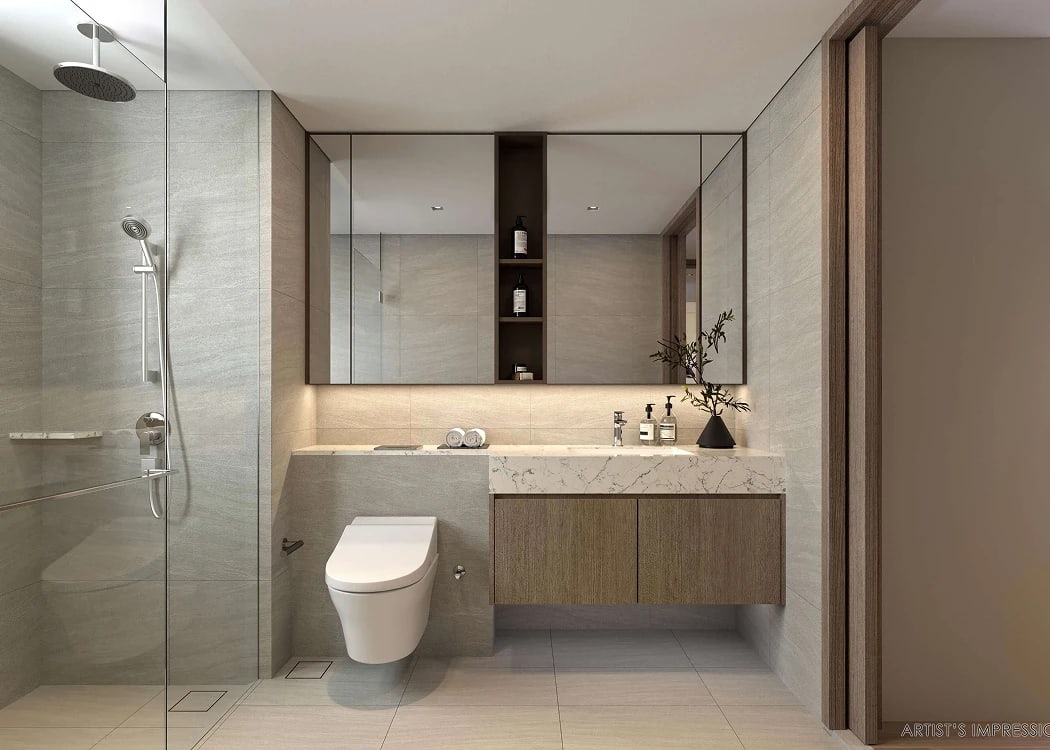 Illustration of a bathroom with a walk-in shower and a wall-hung basin