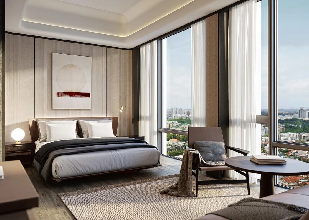 Illustration of a bedroom with a floor-to-ceiling window
