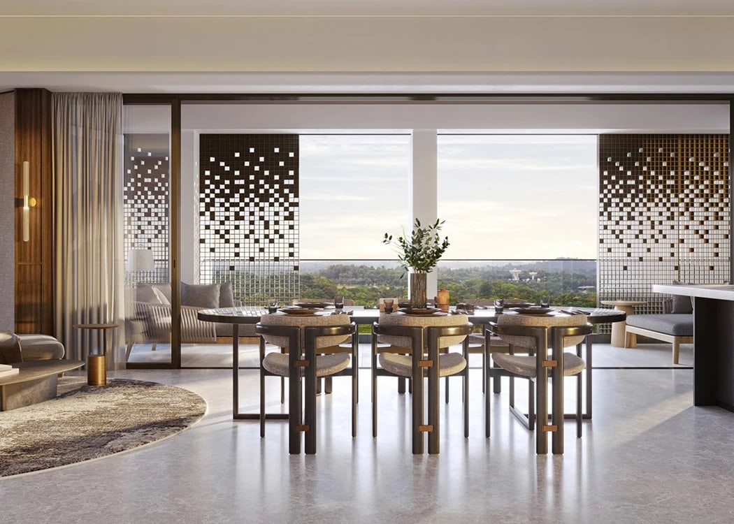 Illustration of a living and dining area with a long table and a view through large windows