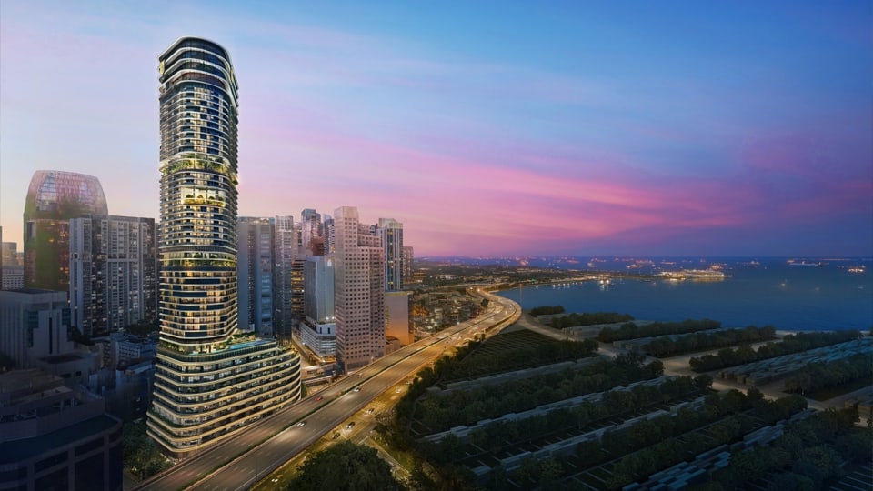 Artist's impression of Newport Plaza at dusk with the Greater Southern Waterfront and the sea behind it
