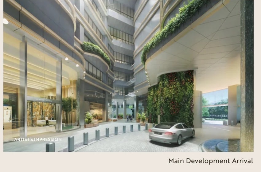 Artist's impression of the main arrival court under a planted facade, with a car at the drop-off