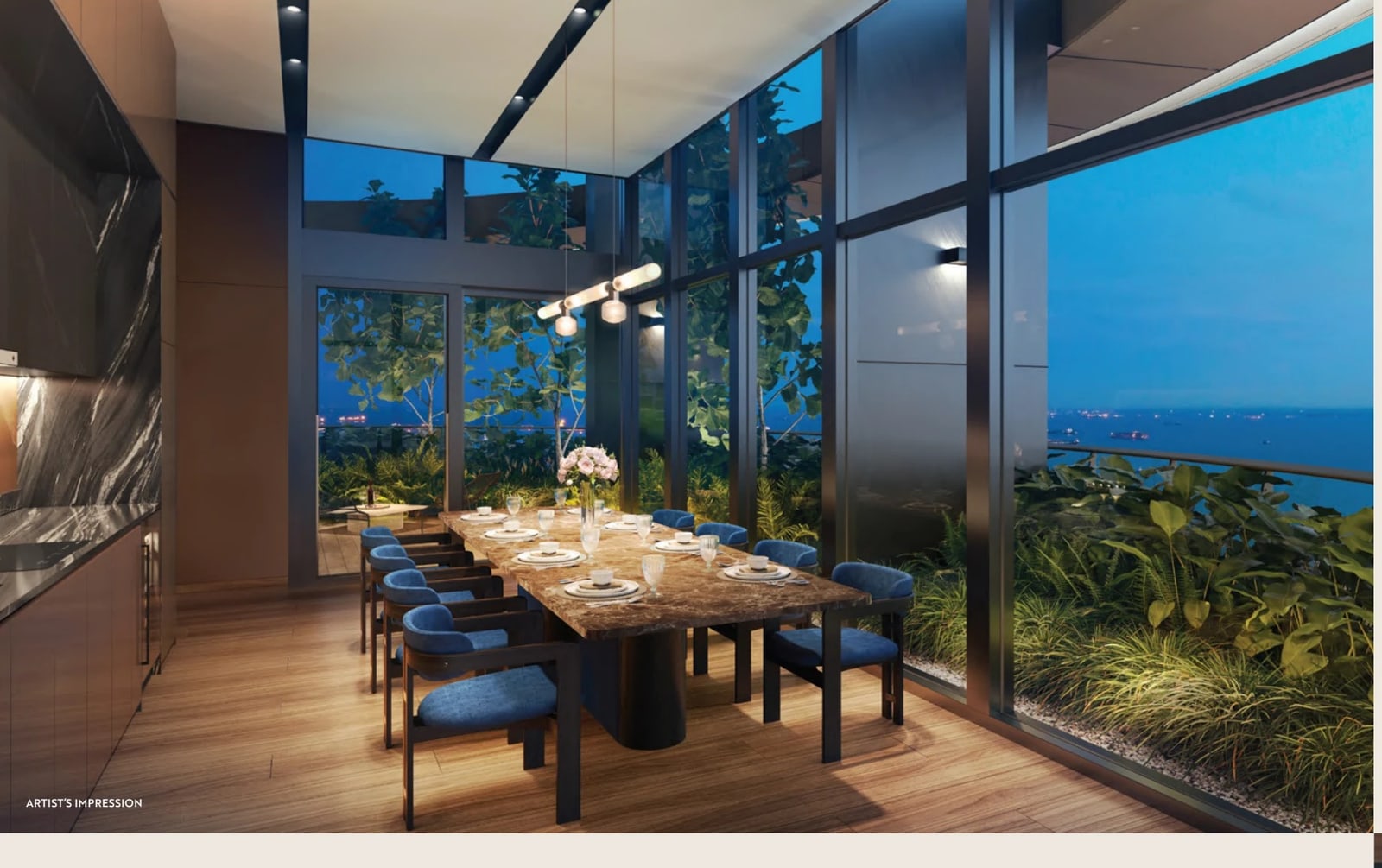 Artist's impression of the Vista Gourmet dining room with a long table and planted terraces