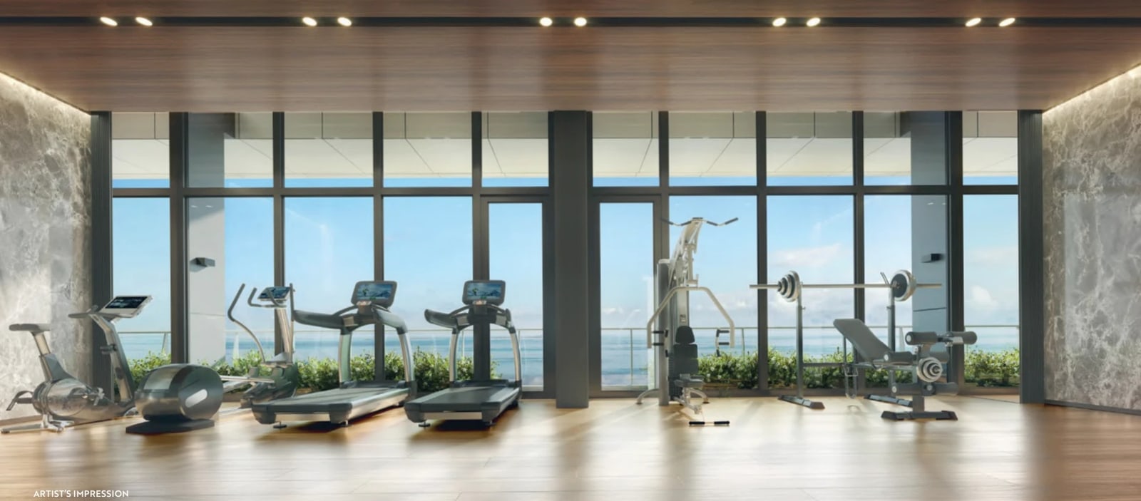 Artist's impression of the Vista Gym with cardio machines and weights facing floor-to-ceiling windows