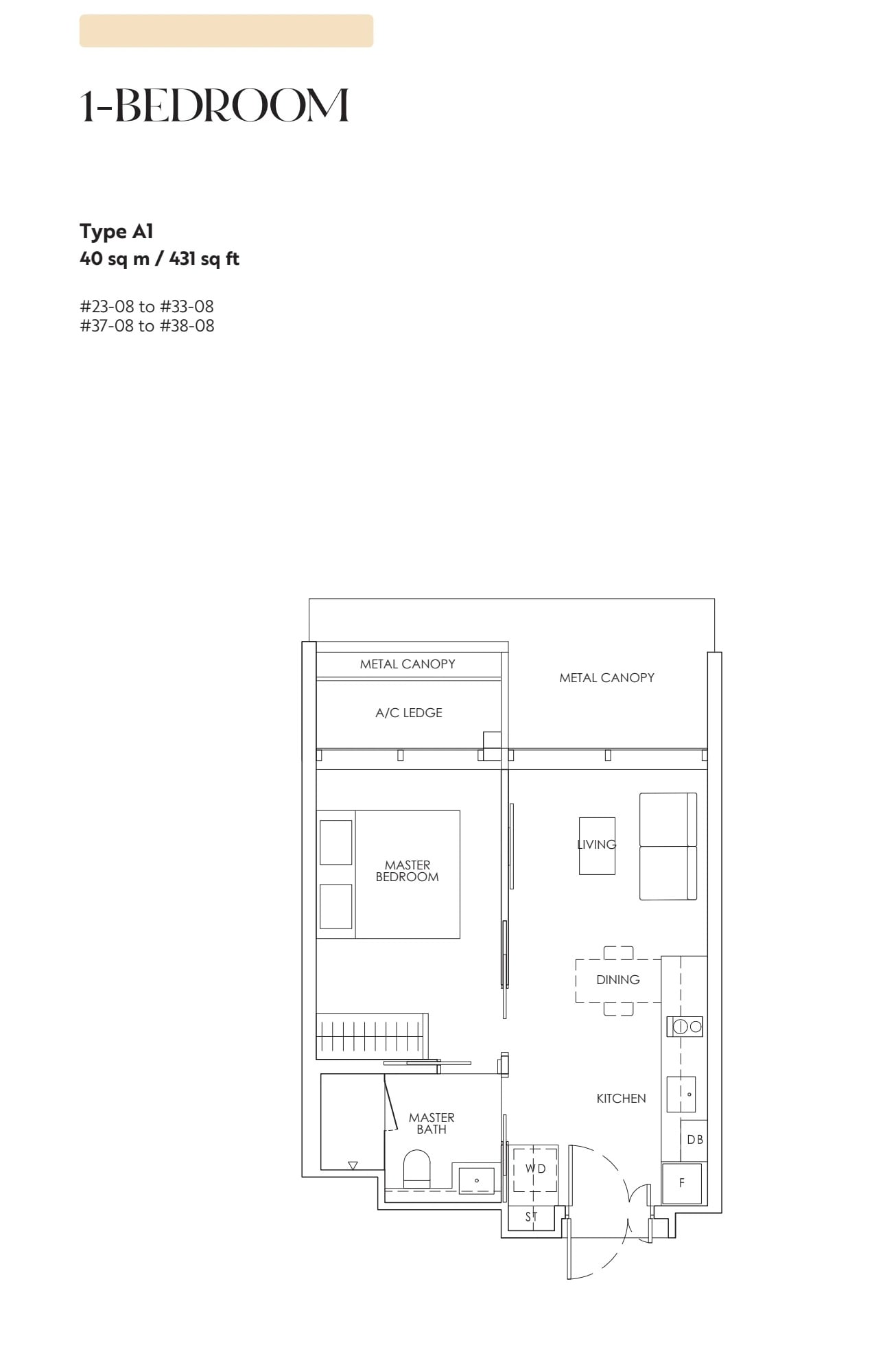 Floor plan of the 1-bedroom, type A1, 431 square feet