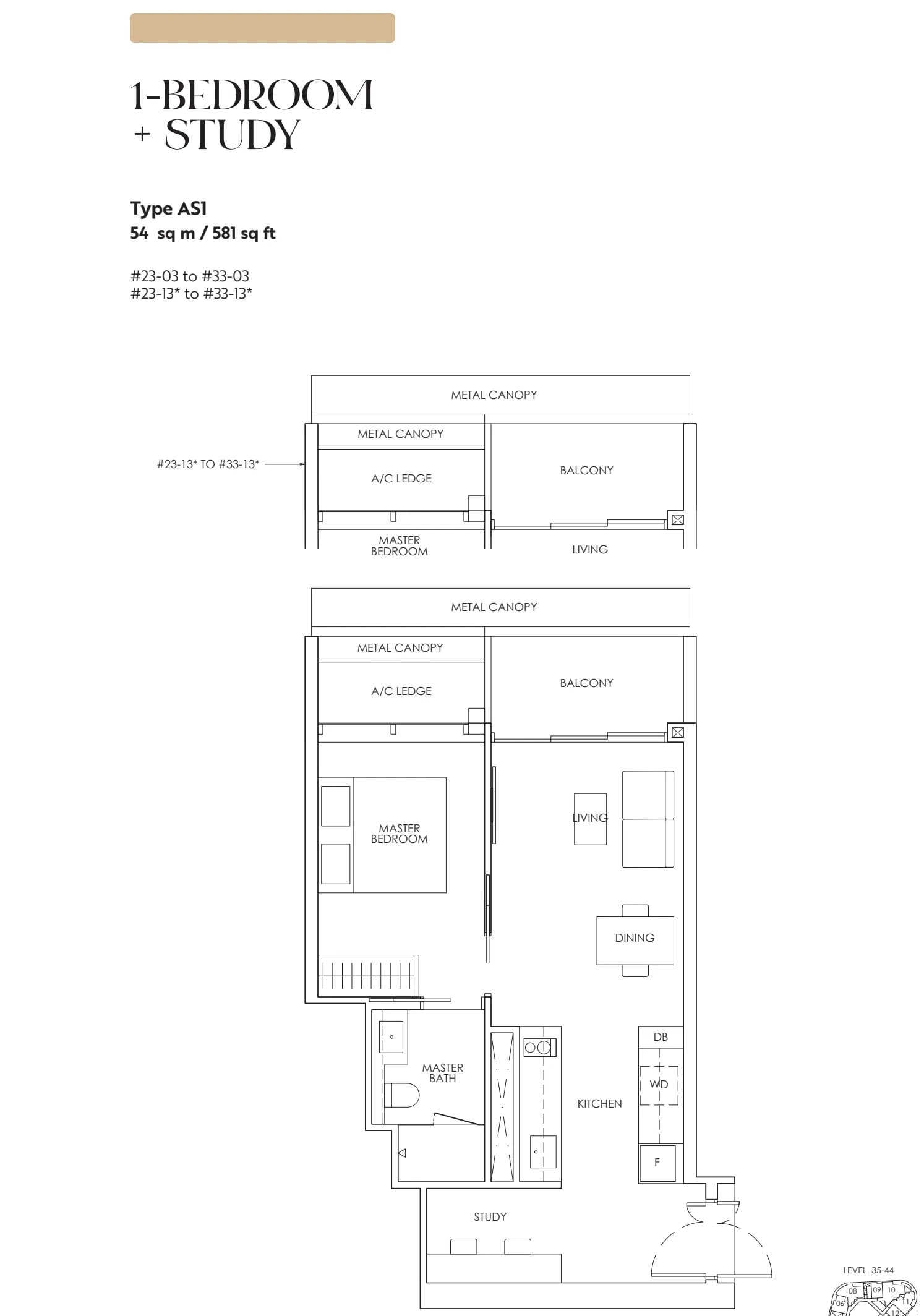Floor plan of the 1-bedroom with study, type AS1, 581 square feet
