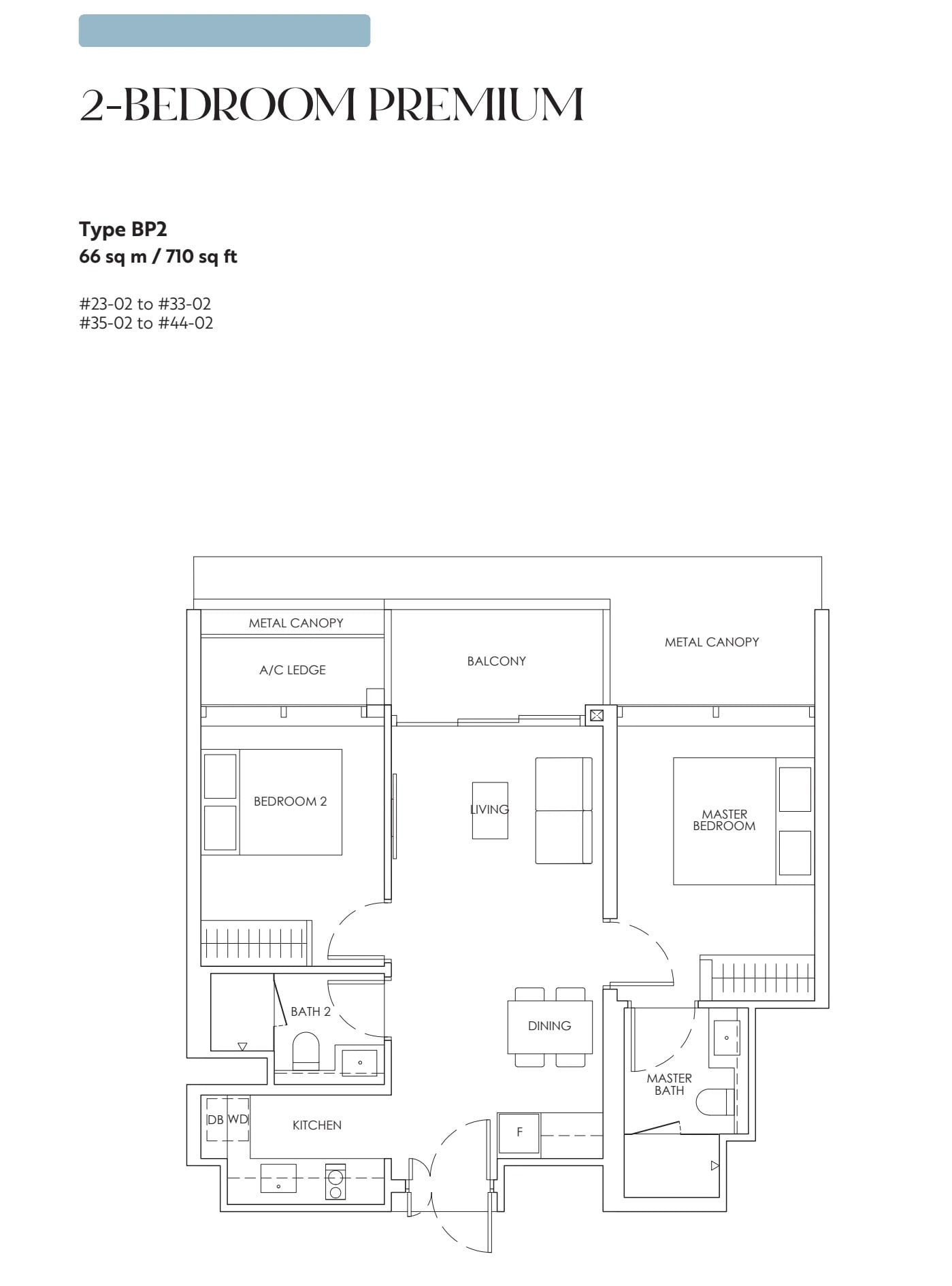 Floor plan of the 2-bedroom premium, type BP2, 710 square feet