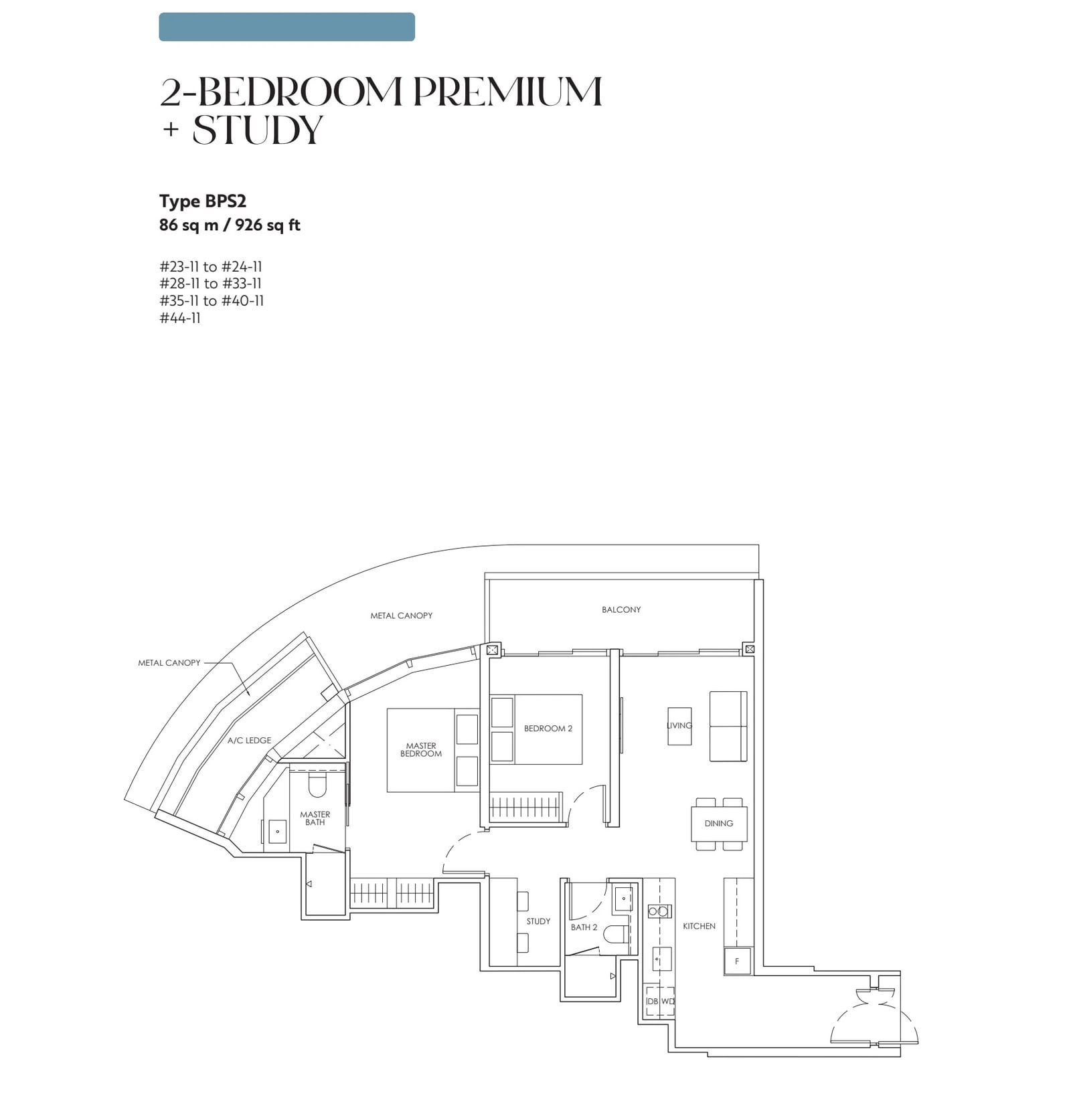 Floor plan of the 2-bedroom premium with study, type BPS2, 926 square feet