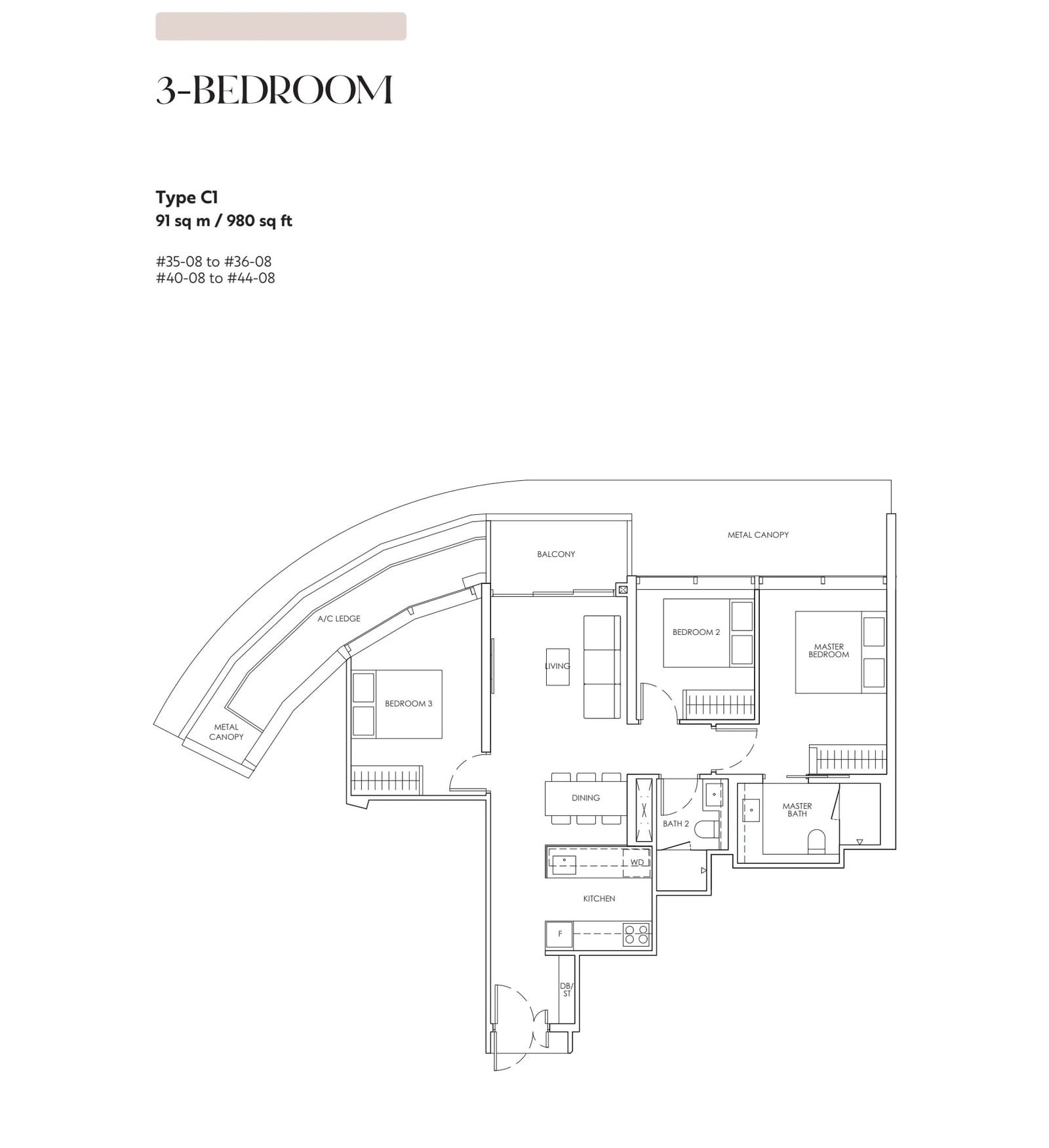Floor plan of the 3-bedroom, type C1, 980 square feet