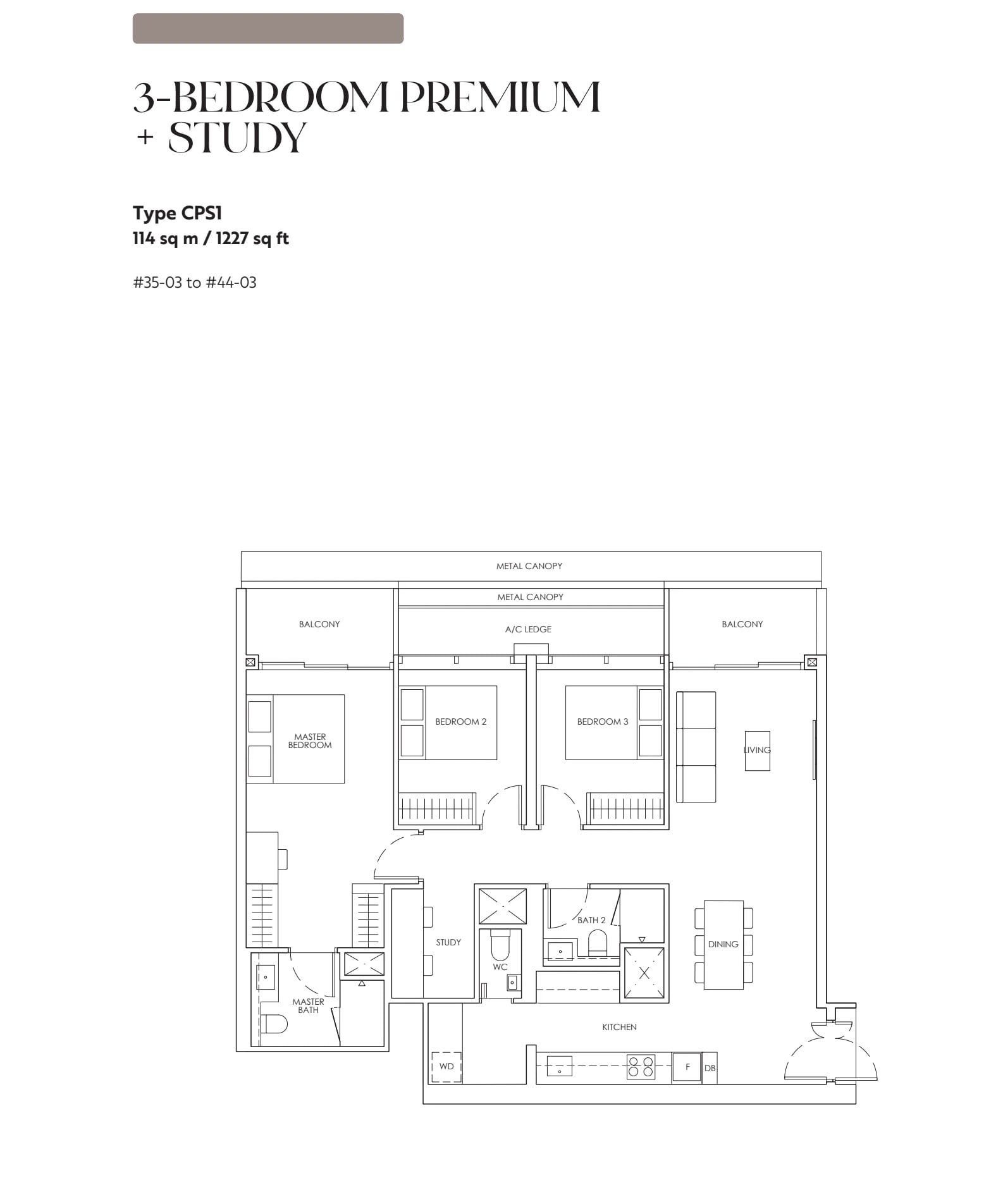 Floor plan of the 3-bedroom premium with study, type CPS1, 1,227 square feet