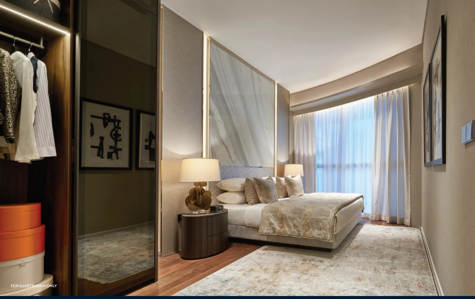 Illustration of a master bedroom with a walk-in wardrobe on one side