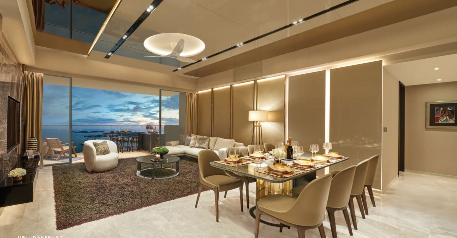 Illustration of a living room and dining table beside a window with a view of the sea