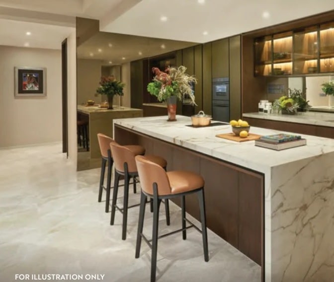 Illustration of a kitchen with a marble island and bar stools