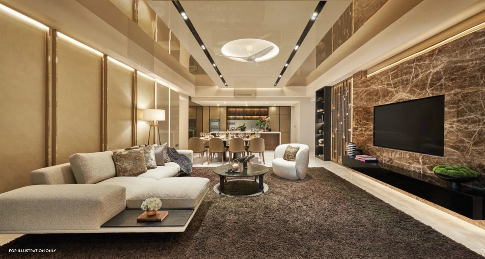 Illustration of a living and dining room with a marble feature wall, a television and a ceiling fan