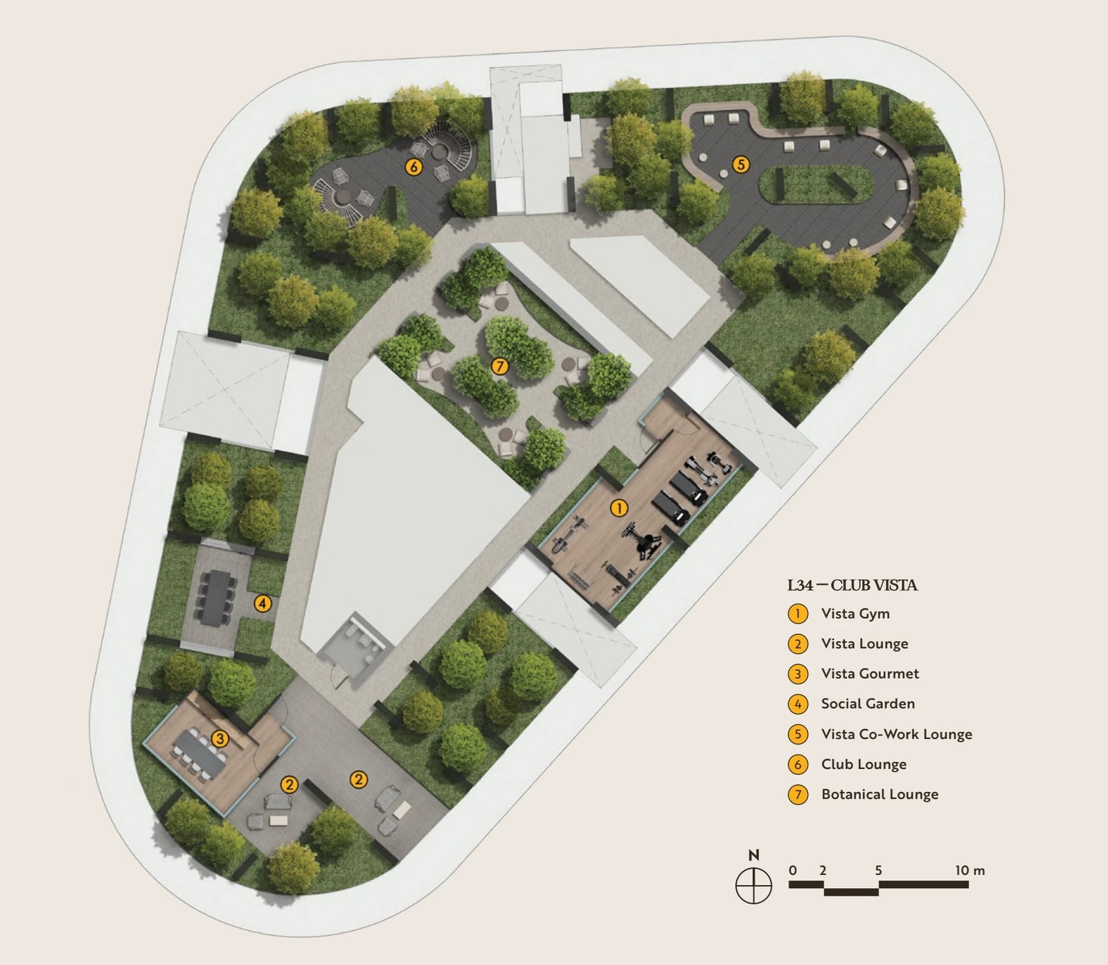 Plan of level 34, Club Vista, with a numbered legend of the gym, lounges, gourmet room and gardens