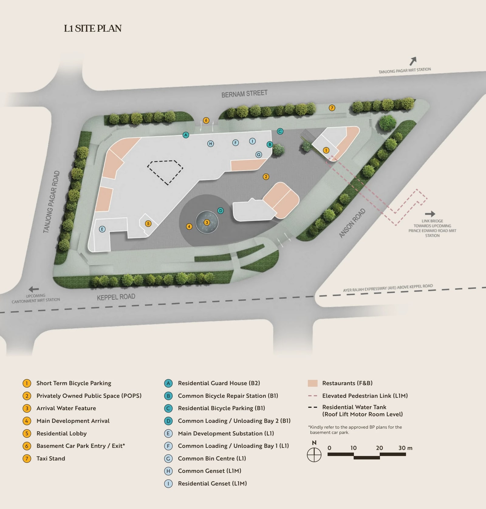 Site plan of level 1 with Keppel Road, Bernam Street and Anson Road and a numbered legend of the arrival, lobby and services