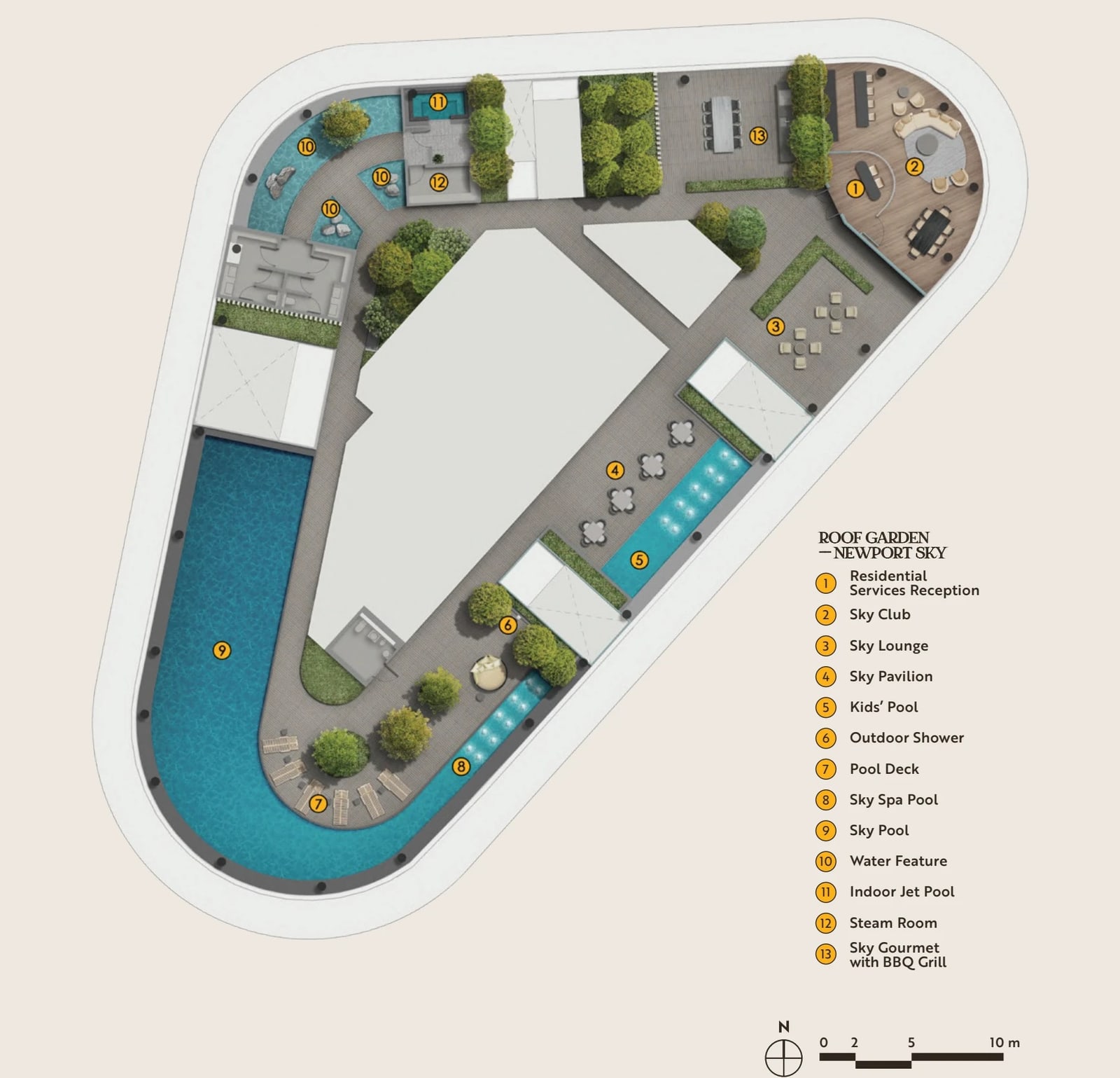 Plan of the Roof Garden, Newport Sky, with a numbered legend of the Sky Pool, lounges, pavilions and other facilities