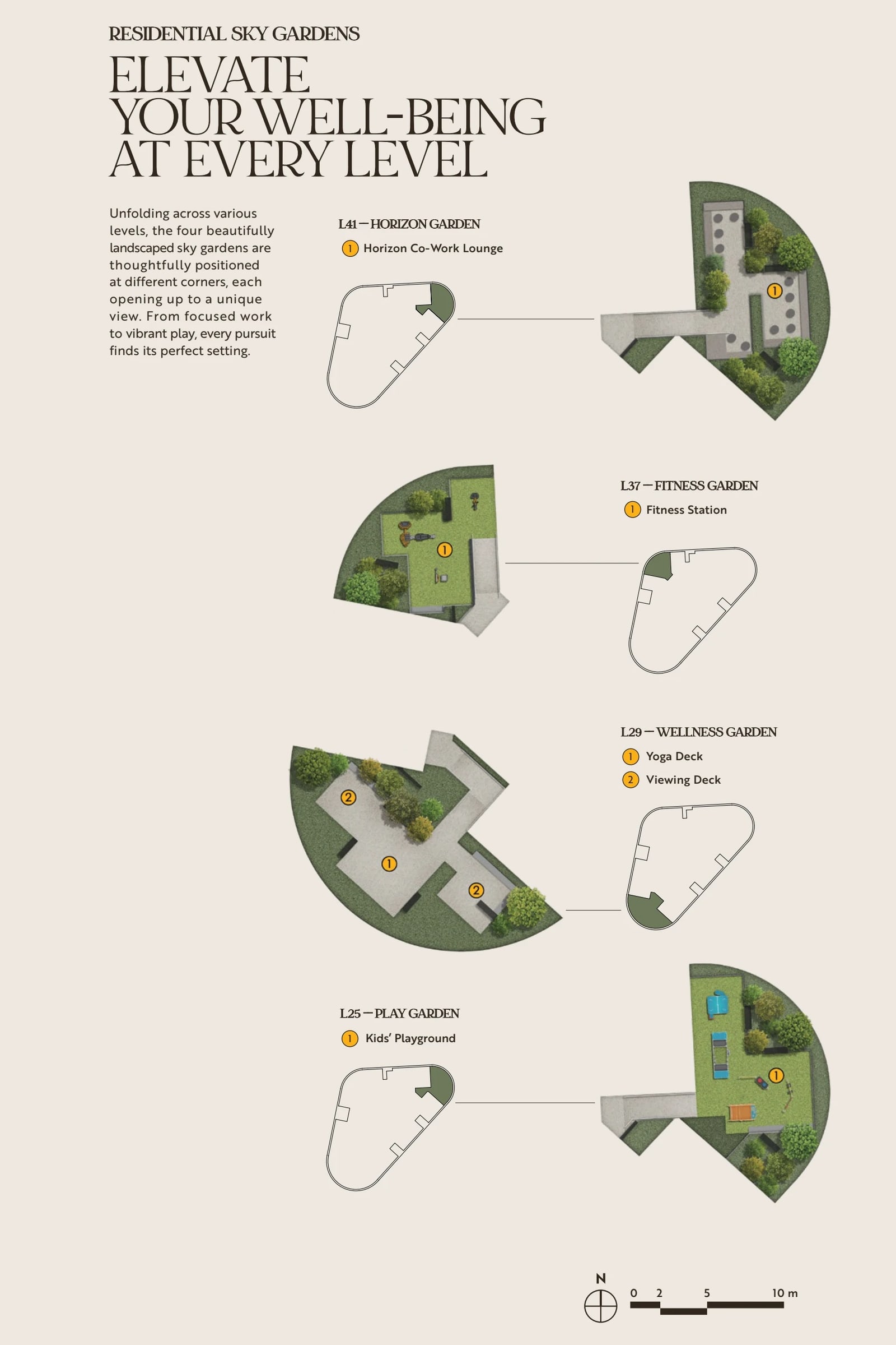 Plans of the four residential sky gardens on levels 25, 29, 37 and 41