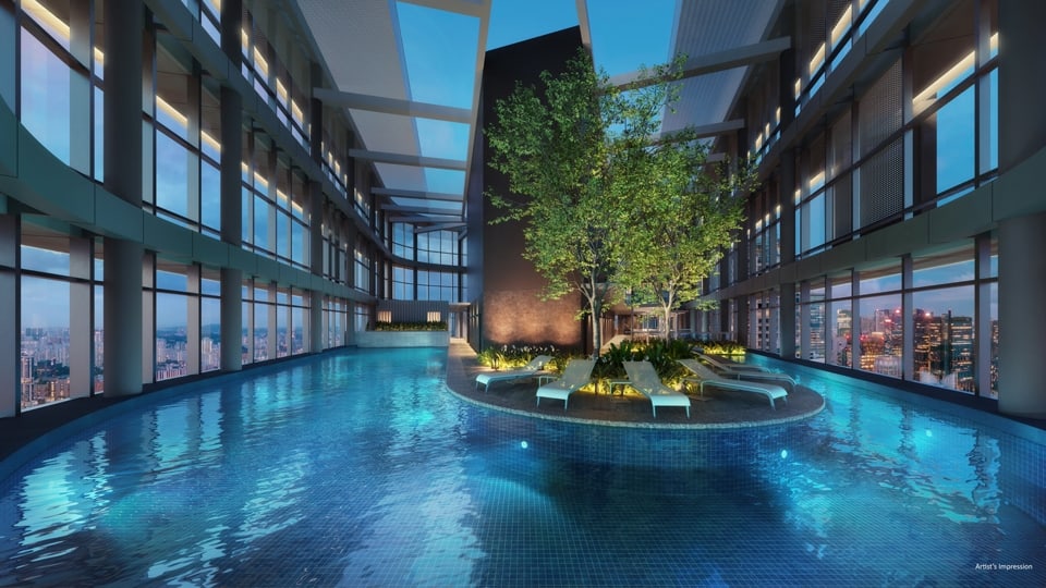 Artist's impression of the Sky Pool on the Roof Garden level with a tree island and city views
