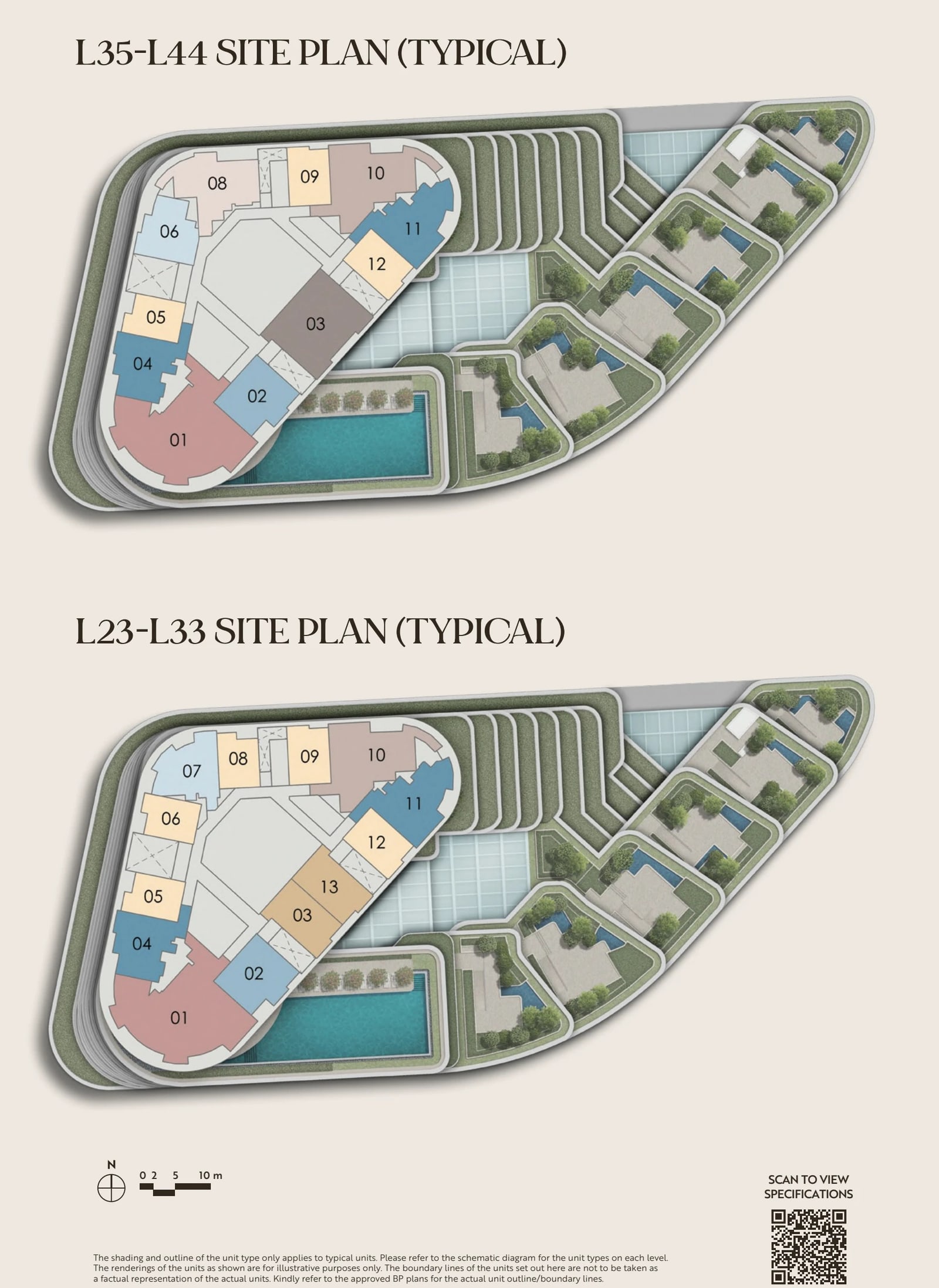 Typical floor site plans of levels 23 to 33 and levels 35 to 44 showing the position of stacks 01 to 13