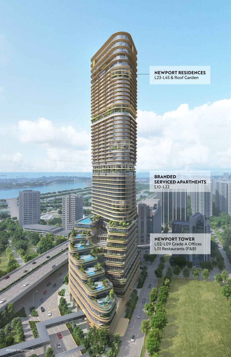 Artist's impression of the tower from above with labels for the residences, serviced apartments and office levels