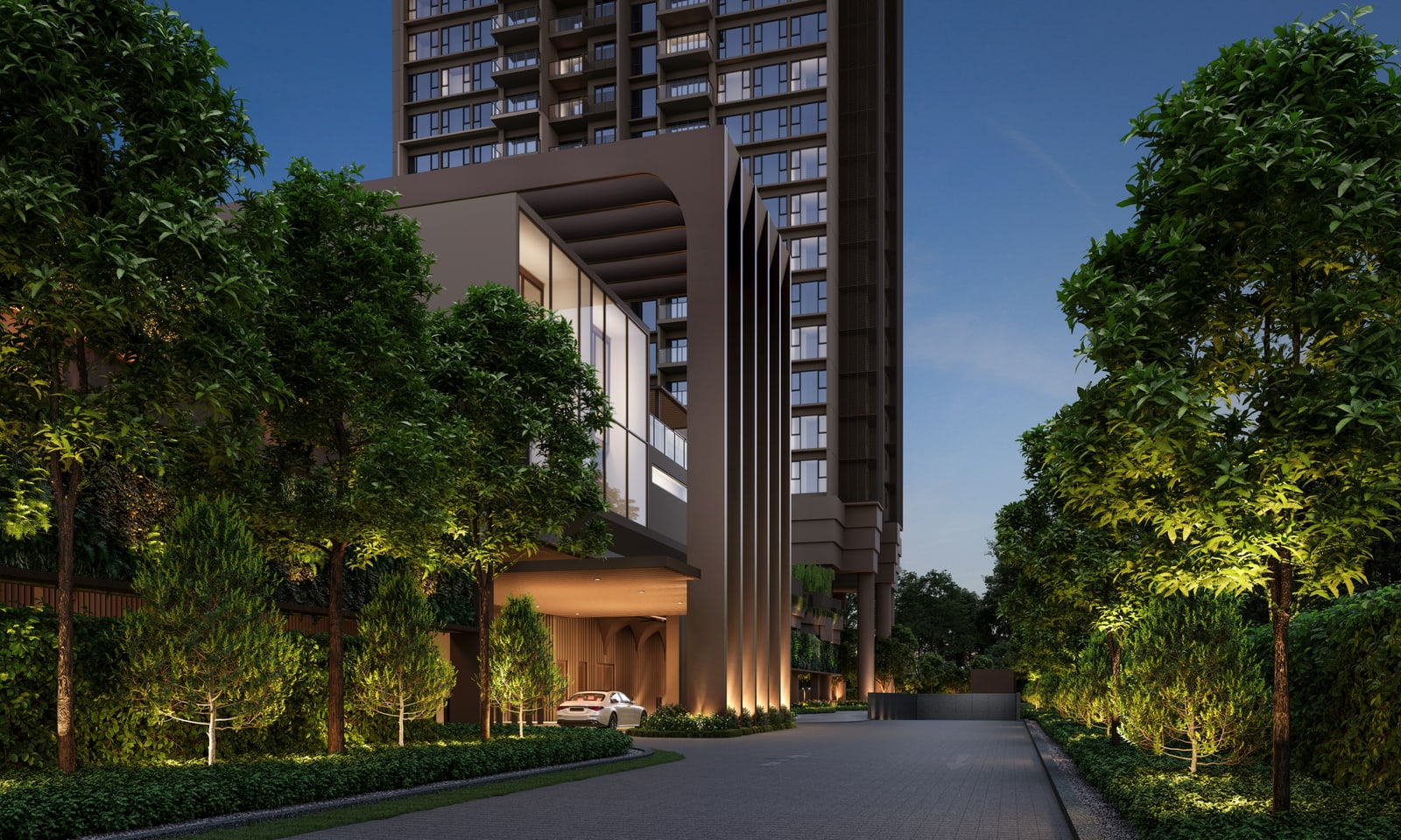 Artist's impression of the drop-off point and the access to the clubhouse at the foot of a tower, at dusk