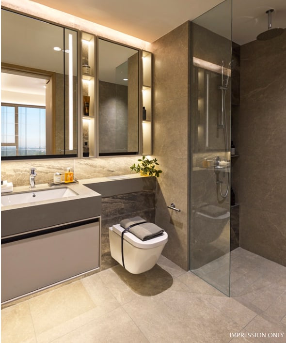 Impression of a bathroom with a stone-clad shower, a wall-hung toilet and a wide vanity