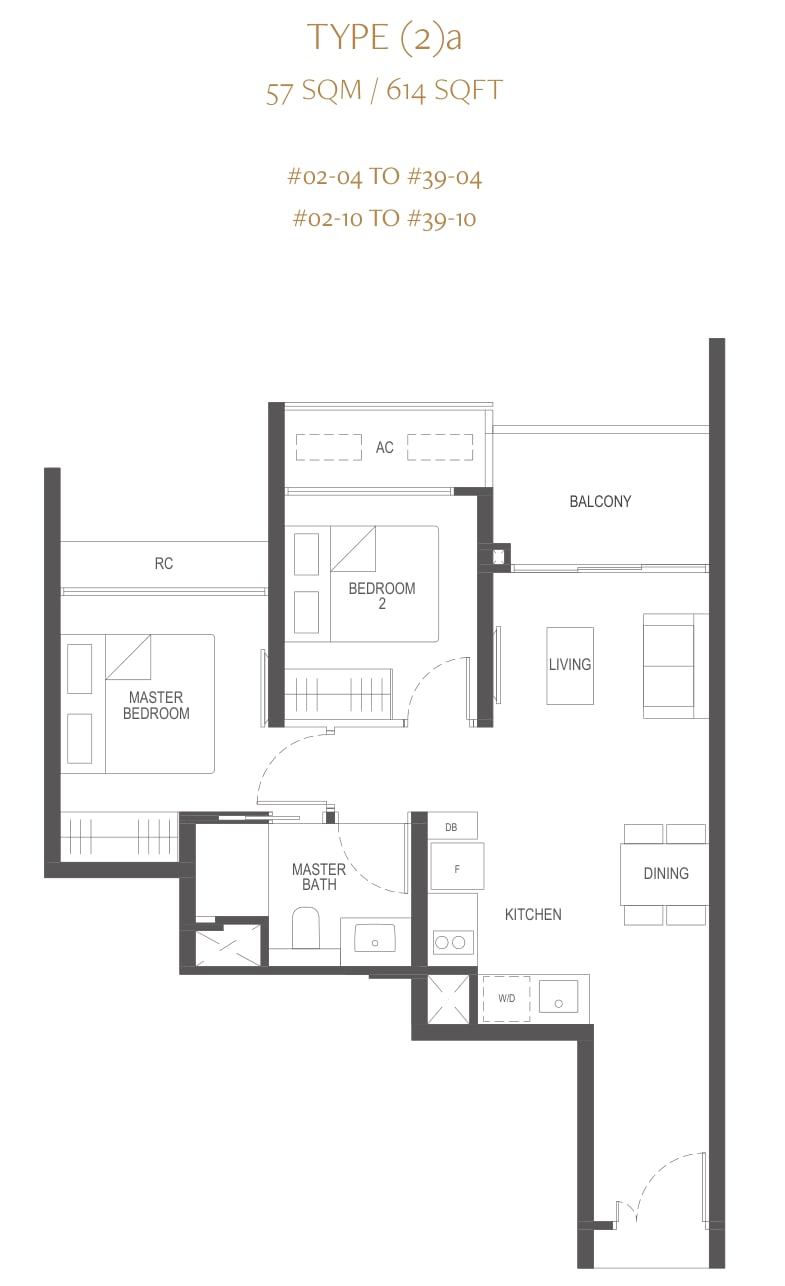 Floor plan of the 2-bedroom, type 2a, 614 square feet