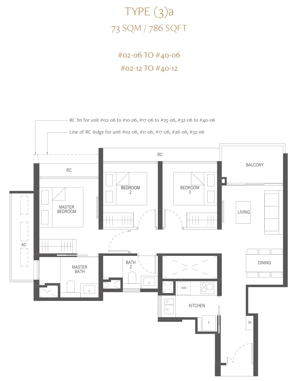 Floor plan of the 3-bedroom, type 3a, 786 square feet
