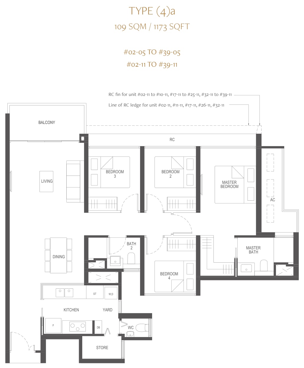 Floor plan of the 4-bedroom, type 4a, 1,173 square feet