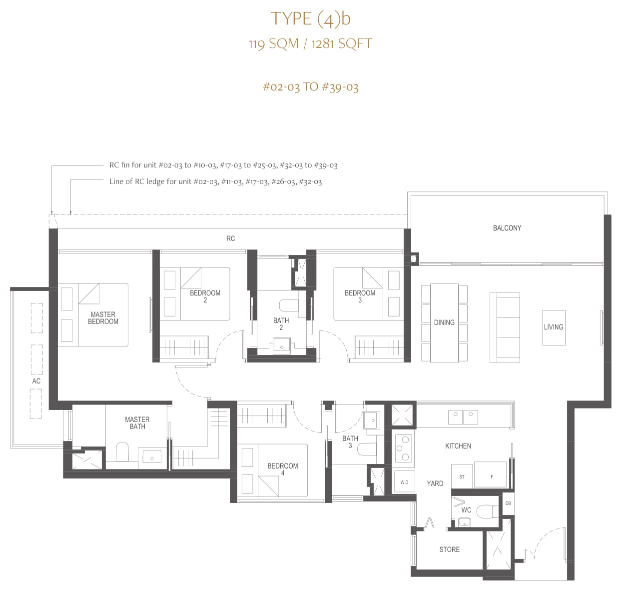 Floor plan of the 4-bedroom premium, type 4b, 1,281 square feet