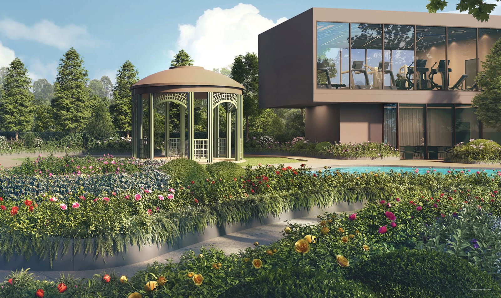 Artist's impression of the rose garden with a gazebo and the glass-fronted gym above the pool