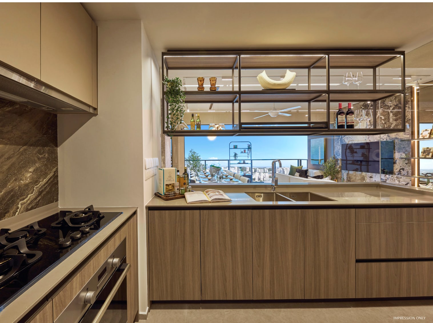 Impression of a kitchen with timber cabinets, a gas hob and a serving window to the living area