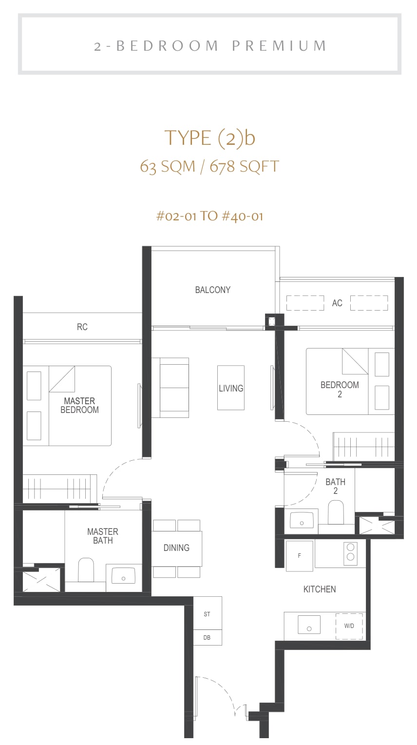 Floor plan of the 2-bedroom premium, type 2b, 678 square feet